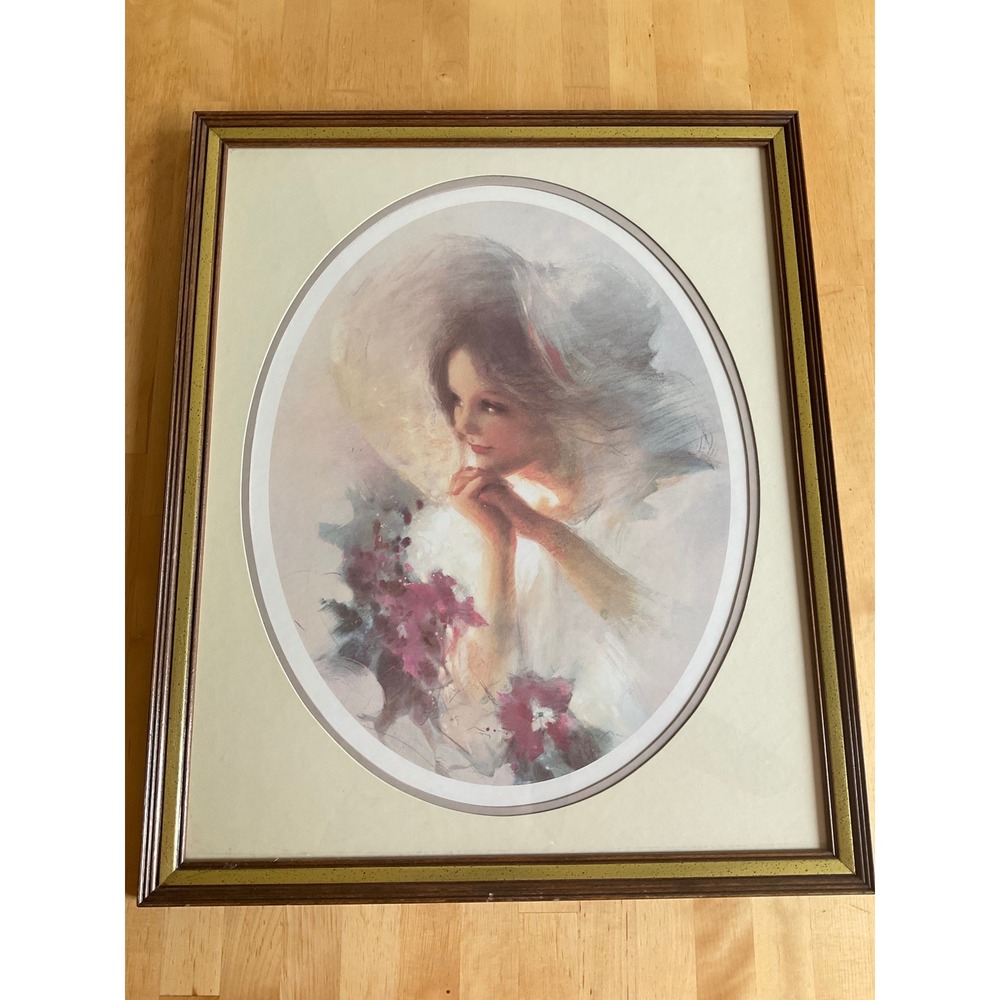 Vintage Impressionist Portrait Woman in Hat Framed Art Print 20x24 Wood Frame